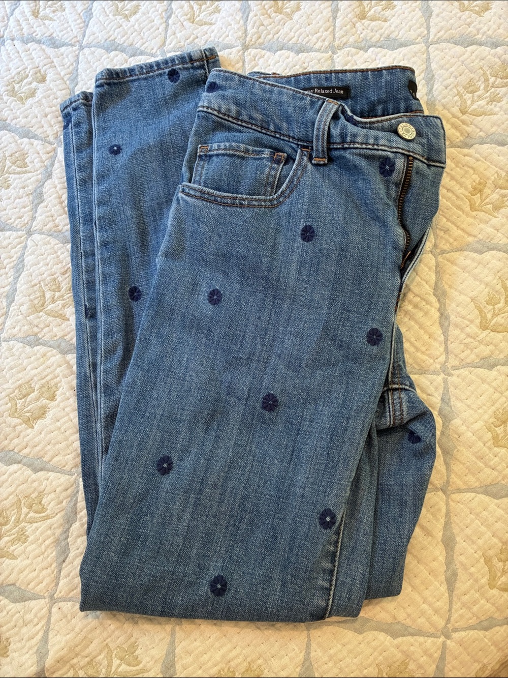 Talbots Blue Straight-Leg Jeans with Navy flower Embroidery